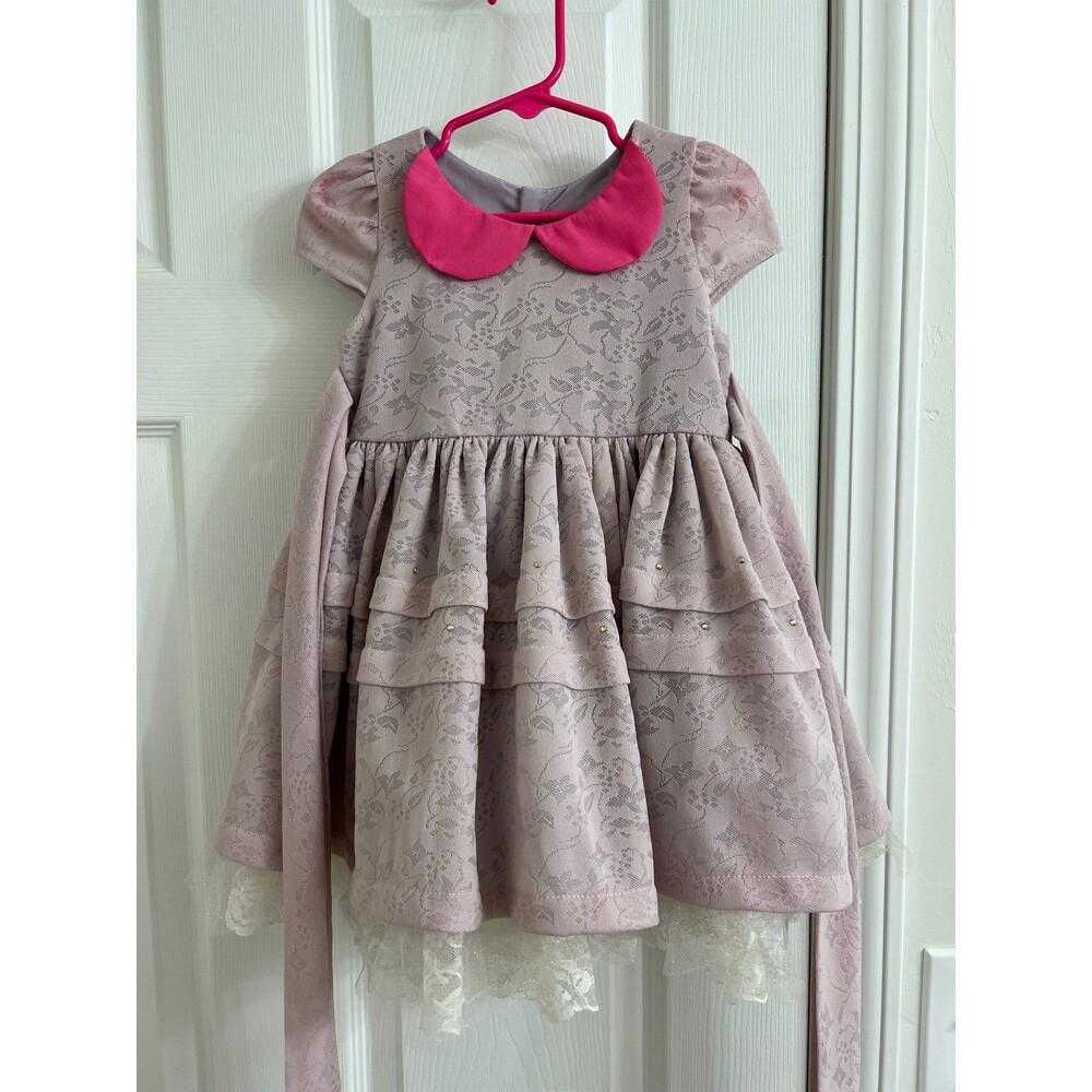 Aggie & Francois Girls Size 2 Purple Lace Dress with Bright Pink Collar!